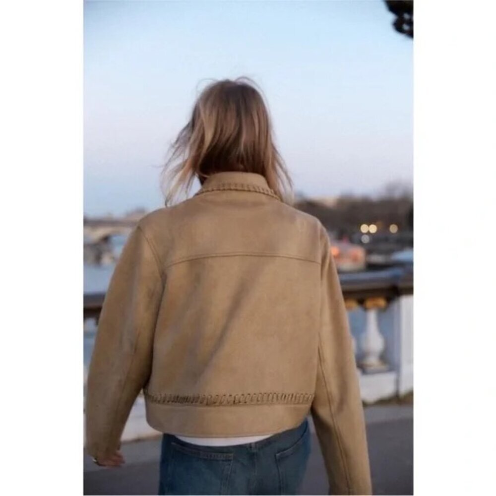 Zara Faux Leather Tan Women's Jacket with Stitch Detailing Size XL EUC - Picture 3 of 10
